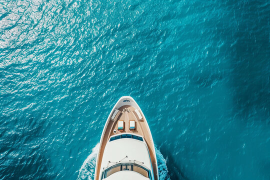 Luxury private big motor yacht in tropical sea with soft blue wave, abstract vivid composition consists of fictional unreal fantastic vision on background