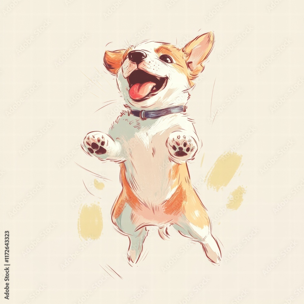 Aufkleber Joyful puppy jumping in happiness with a bright expression against a soft background filled with playful colors. Generative AI