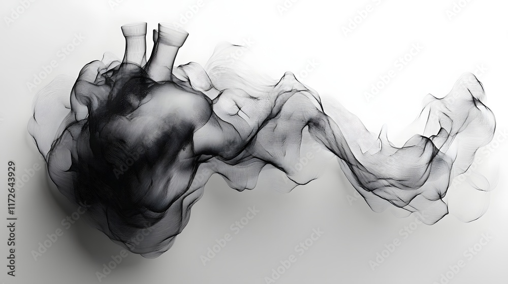Poster abstract black and white backgrounds. an abstract image depicting a heart formed from dark smoke or 