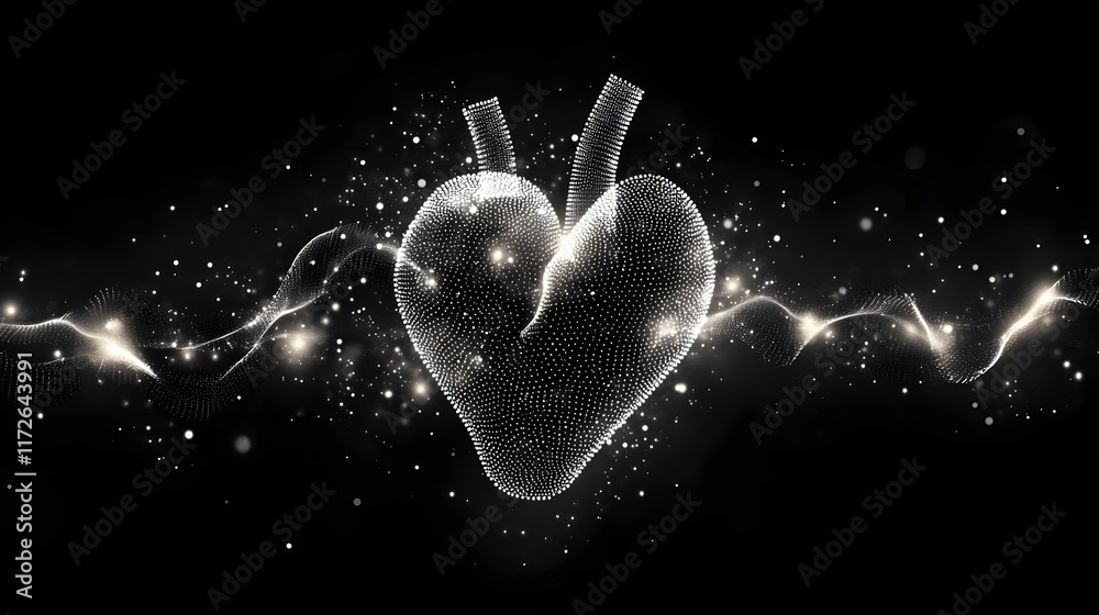 Aufkleber Abstract Black and White Backgrounds. Abstract digital art depicting a human heart. Sparkling particles and waves create a dynamic visual.