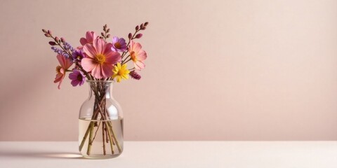 A delicate bouquet of wildflowers in a clear glass vase against a soft pink background