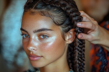 Girl with braided hair being styled indoors in a natural light setting