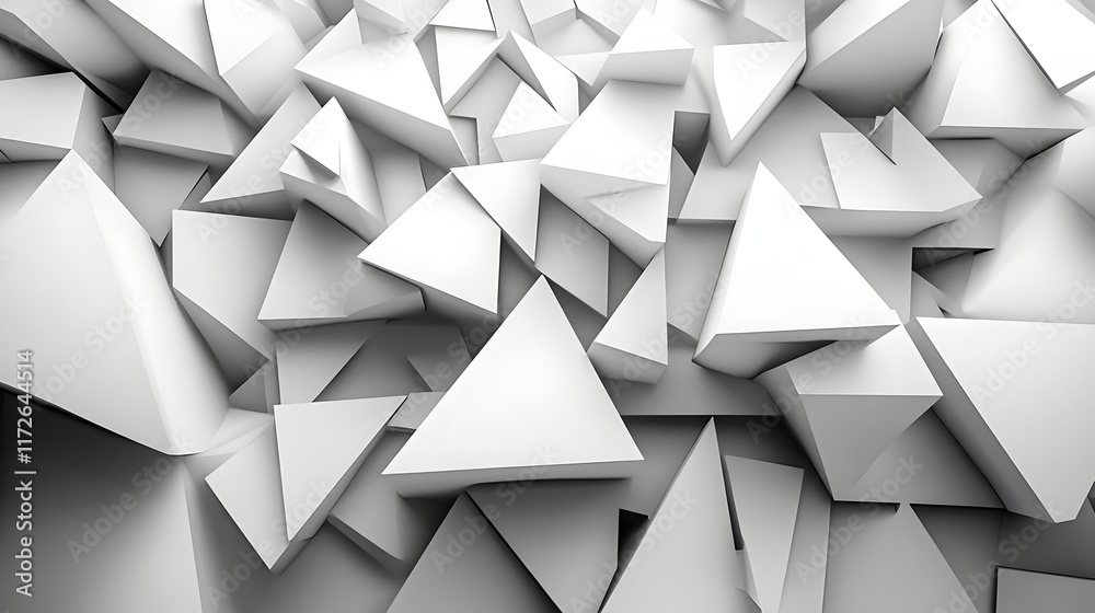 Poster Abstract Black and White Backgrounds. Image showcases an abstract 3D rendering of numerous white triangles creating a complex, textured composition.
