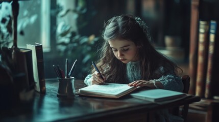 Little girl writes something in a notebook and sits at the table.