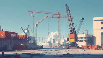 Fototapeta premium Construction Site with Cranes Displaying Scale and Activity