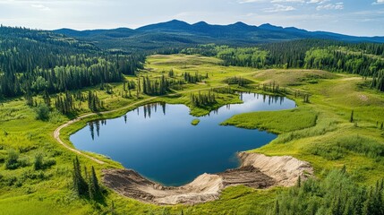 Serene mountain lake, green valley, dirt road.