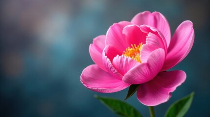 Fototapeta premium A vibrant pink peony blossom with delicate petals and a bright yellow center, elegantly presented against a soft, blurred teal background.