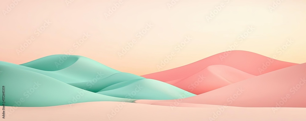 Poster minimal skies idea. abstract landscape featuring soft, flowing hills in pastel colors, creating a se