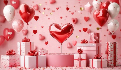 3D rendering of a Valentine's Day background with a heart-shaped podium and gift boxes on a pink color backdrop for product display presentation