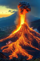 Majestic Eruption of a Volcano Spewing Lava and Ash with Surrounding Landscape Captured in a Stunning Sunset Scene