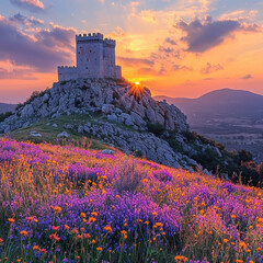 Fototapeta premium Medieval castle ruins on rocky hilltop at sunset with wildflowers and mountain valley view