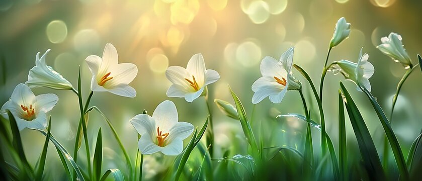 Close up of delicate white flowers blooming on a lush green meadow ,In springtime, tender growth adorns meadows with blooming flowers, Orchids like Miltonopsis or Lycaste Virginalis Alba on a green 