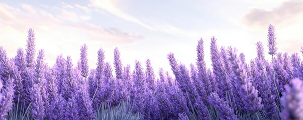 Naklejka premium Minimal skies concept. A stunning field of lavender blooms under a soft pastel sky during sunset.