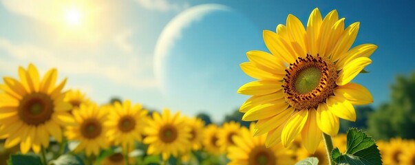Fototapeta premium Yellow sunflower in full bloom with bright petals shining under the light against a soft blue planetary backdrop, yellow, landscape