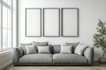 Fototapeta premium Minimalist living room with gray sofa, three empty frames, and plant.