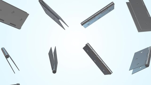 Door Hinges Falling on a Light Blue Background. Metal Hinges 3D Animation. 4K
