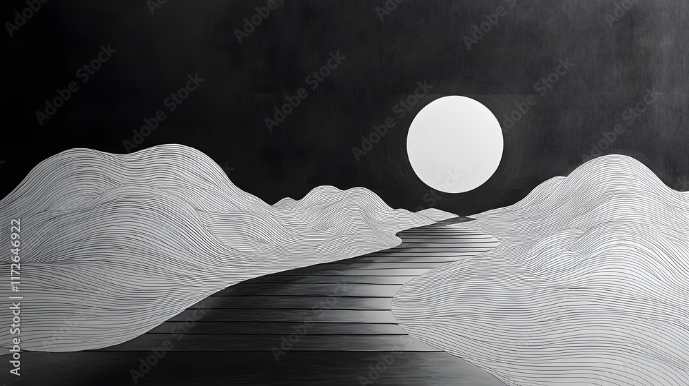 Poster abstract black and white backgrounds. a minimalist monochrome illustration of a moonlit landscape wi