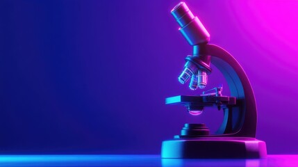 Vibrant purple microscope on a futuristic blue gradient background with glowing accents, clean aesthetic.