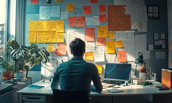 A person working at a desk surrounded by colorful sticky notes and a plant.