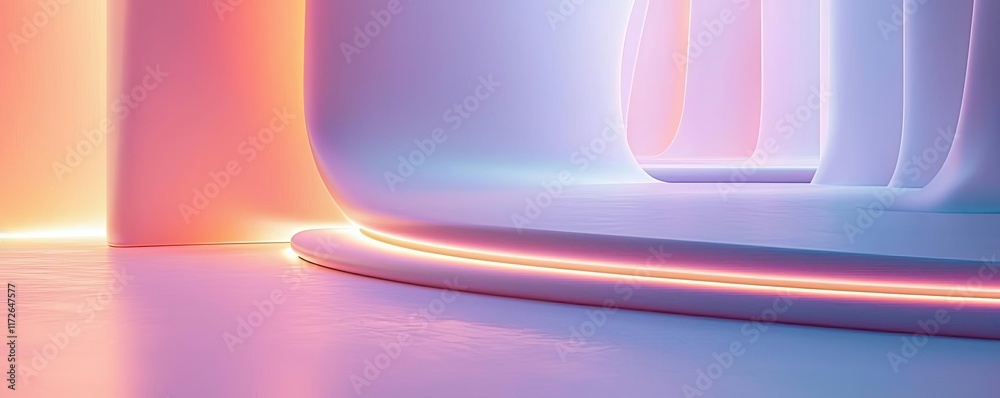 Poster Soft abstract background idea. Futuristic abstract interior with soft neon lighting and smooth surfaces, creating tranquility.