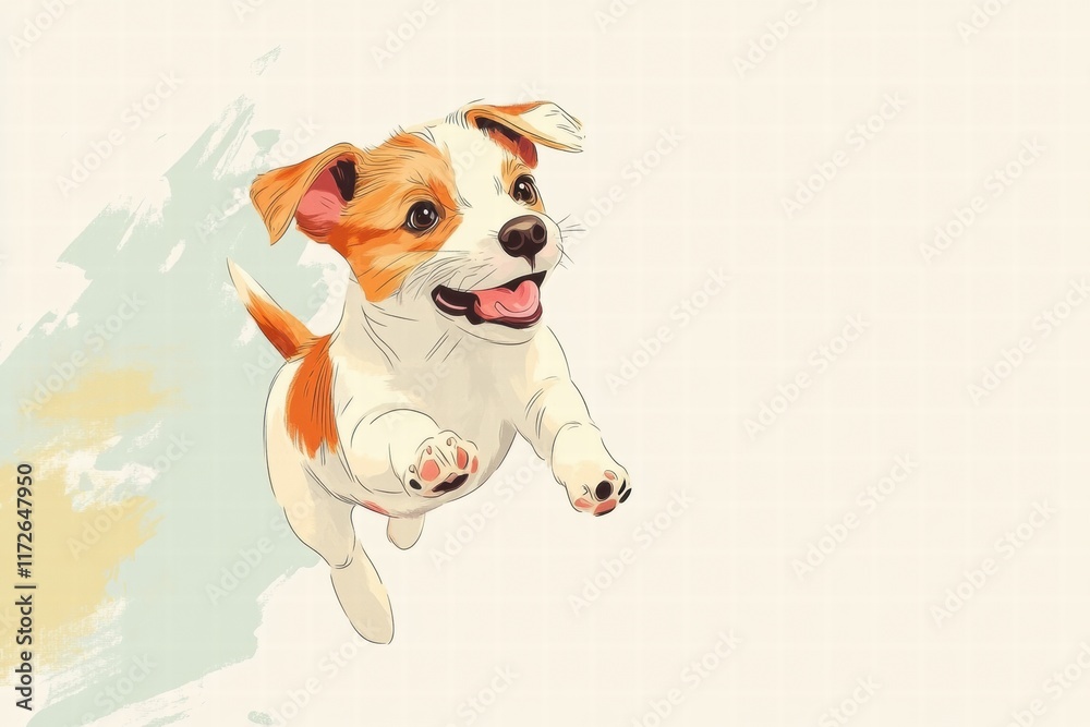 Poster joyful puppy leaps in a playful manner during a sunny afternoon in a colorful illustrated environmen