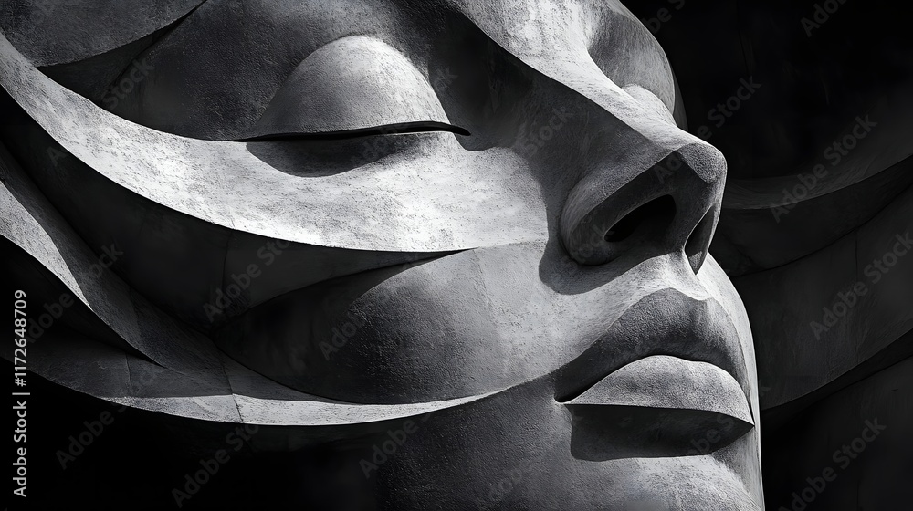 Poster abstract black and white backgrounds. close-up of a monochrome sculpture resembling a woman's face. 