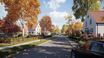 Charming suburban neighborhood in autumn with trees and picturesque homes lining the streets