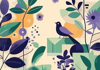 
A flat illustration of an abstract garden with geometric shapes and nature-inspired patterns, featuring birds in mid-flight, in soft pastel colors including green, purple, pink, yellow, beige, gray.