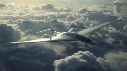 Futuristic Jet Airplane Flying Above Clouds in Flight