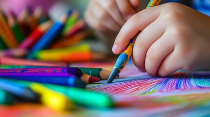 14. Kids concentrating on drawing with vibrant colors, using crayons and markers in an art-filled classroom