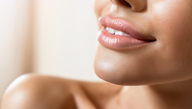 Close-up Ausschnitt eines l&auml;chelnden weiblichen Gesichtes als Nhaufnahme von glatter, gesunder Haut, viel Freifl&auml;che, fotorealistische Illustration