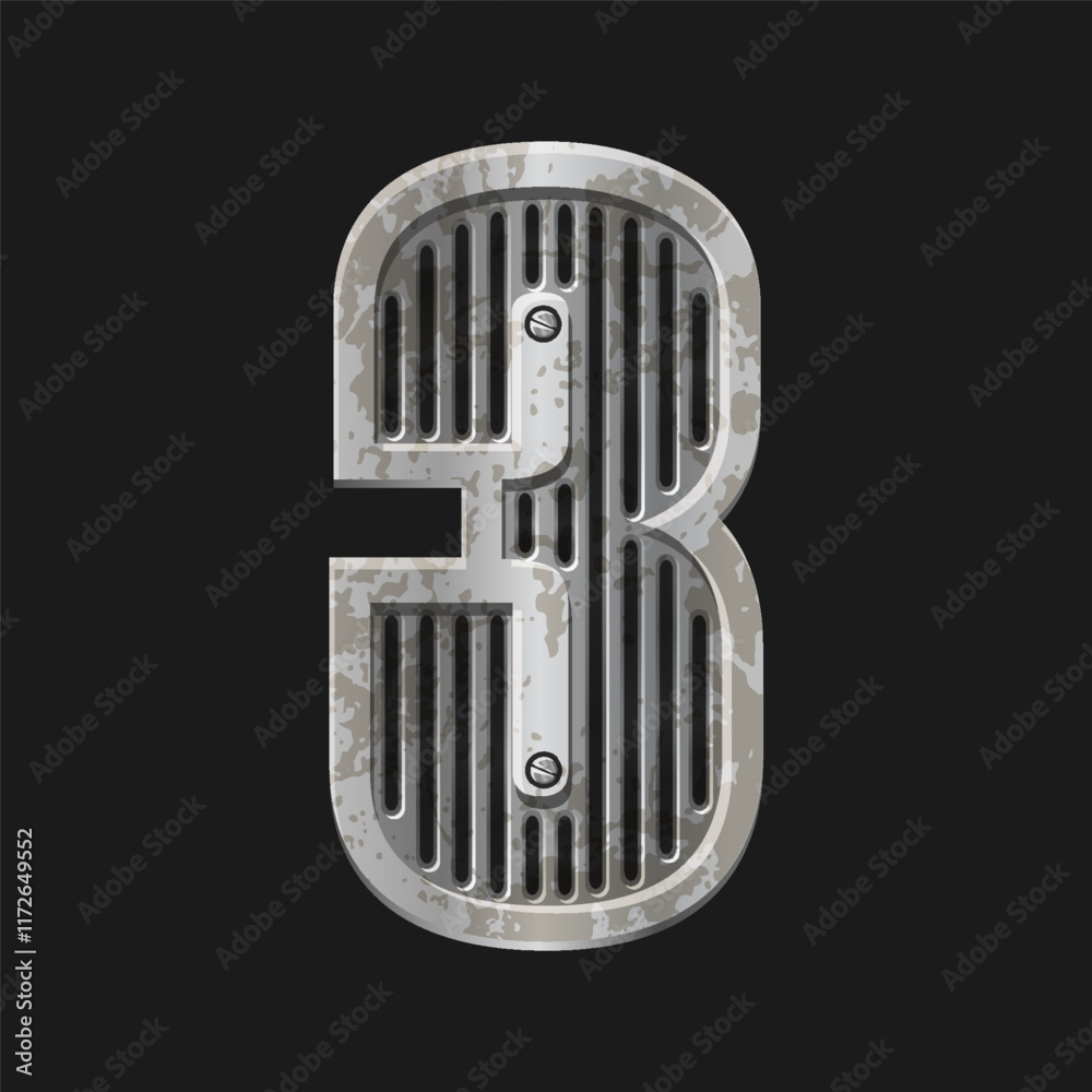 Fototapete metallic style silver number three. iron number 3 isolated in vector