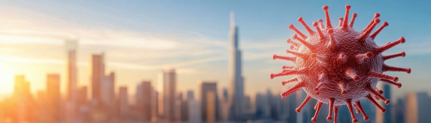 Orange virus particles on the sky above a bustling cityscape