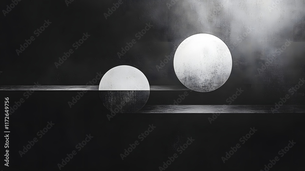 Poster abstract black and white backgrounds. two spheres on a dark background. monochromatic abstract art.