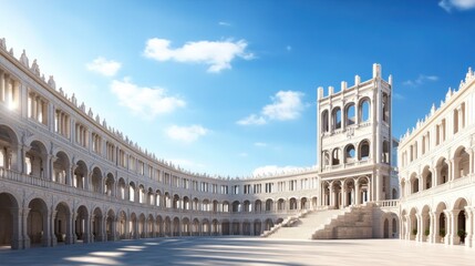 A grand architectural courtyard with classical columns and steps.