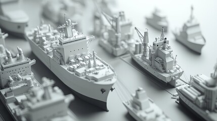 Fototapeta premium Miniature ships displayed in a detailed maritime diorama at a model exhibition in a spacious gallery