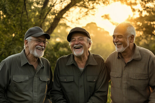 Three senior men laughing and smiling outdoors in a park at sunset. Concept of male friendship