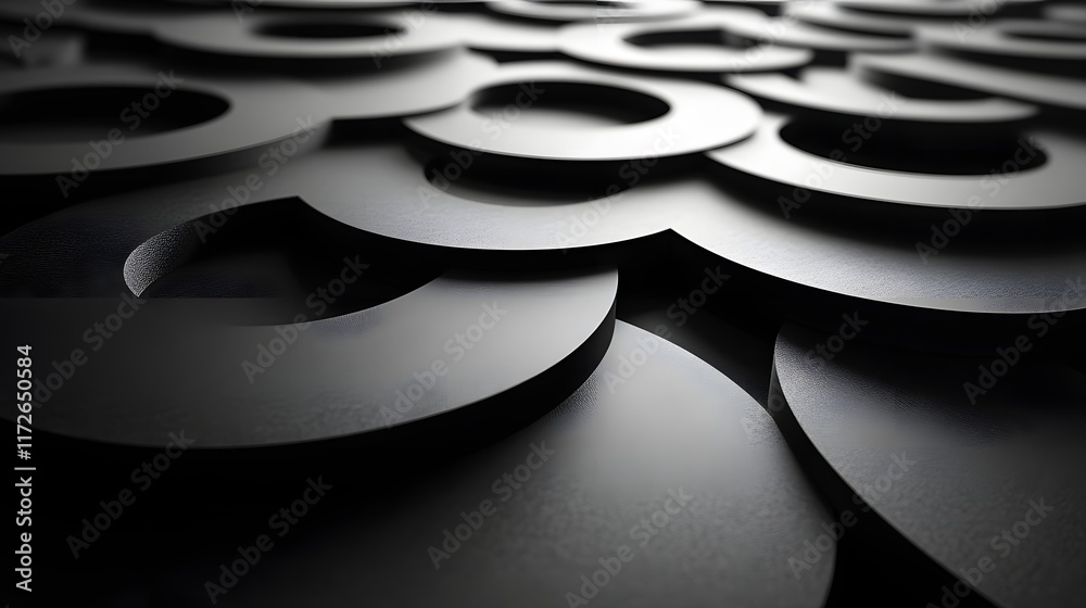 Poster Abstract Black and White Backgrounds. An abstract image featuring a repeating pattern of overlapping black circles, creating a sense of depth and shadow. The dark, minimalist style texture form.