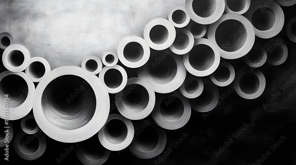 Poster Abstract Black and White Backgrounds. A grayscale image showcasing an array of cylindrical forms, creating a visually captivating abstract composition playing with light and shadow.