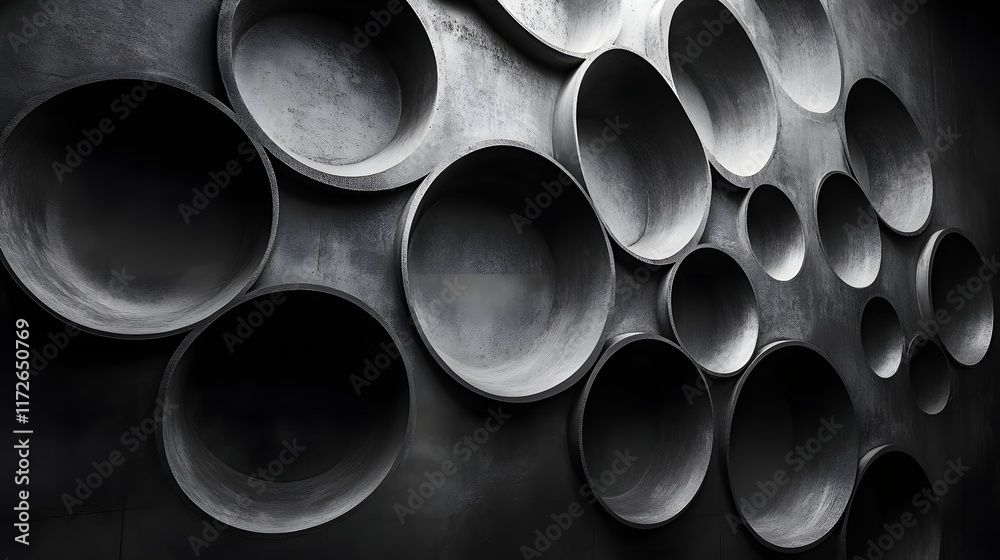 Poster Abstract Black and White Backgrounds. Abstract monochrome image of a concrete wall with various sized circular recesses. The texture and shadows create depth.