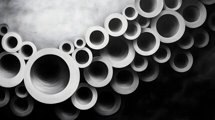 Abstract Black and White Backgrounds. A grayscale image showcasing an array of cylindrical forms, creating a visually captivating abstract composition playing with light and shadow.