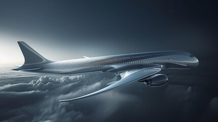 Silver Commercial Airplane Flying Above Clouds in Dark Sky