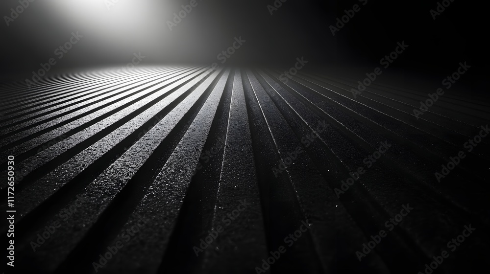 Poster Abstract Black and White Backgrounds. Abstract image featuring converging dark lines illuminated by a light source, creating a striking contrast and sense of depth.