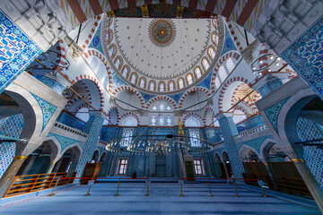 Interior of Rustem Pasa Mosque in Istanbul. Famous Rustem pasha mosque interior. Iznik blue tiles. Rustem Pasa Mosque most beautiful and classical
