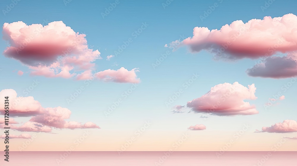 Poster Minimal skies concept. Beautiful pastel sky with fluffy clouds creating a tranquil and serene atmosphere.