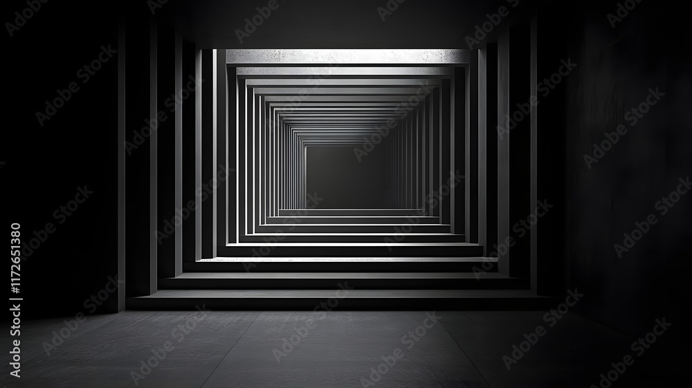 Poster abstract black and white backgrounds. a digitally rendered image showcasing a long, dark corridor wi