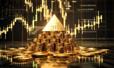 A pyramid of gold coins with a golden pyramid on top, set against a digital background.