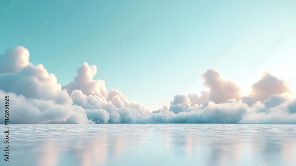 Poster minimal skies concept. serene sky with fluffy clouds above a calm reflective sea offering peaceful v
