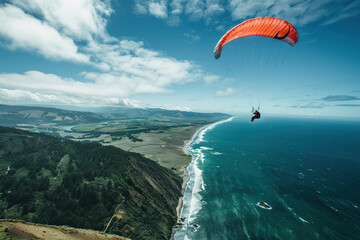 Parachutist with parachute makes heavenly adventure against on nature landscape, abstract vivid composition consists of fictional unreal fantastic vision on background