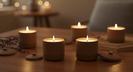 Five Lit Candles on a Wooden Table with Lids in a Warm Setting